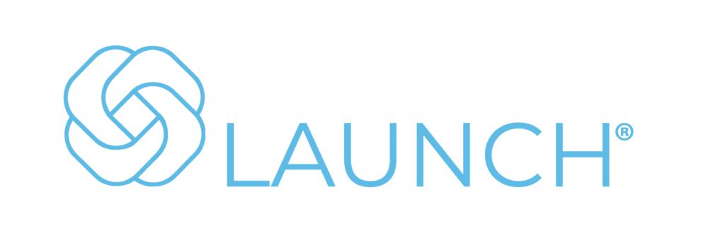 Peak Launch brand logo: white 'PEAK' text beside a blue interlocking loop icon and blue 'LAUNCH' text on a dark background.