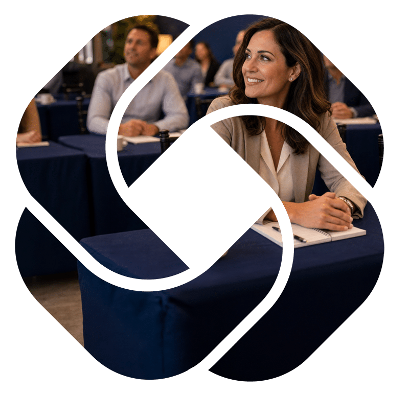Woman smiling and taking notes at a conference, seated at a table with a notebook in front, others in the background