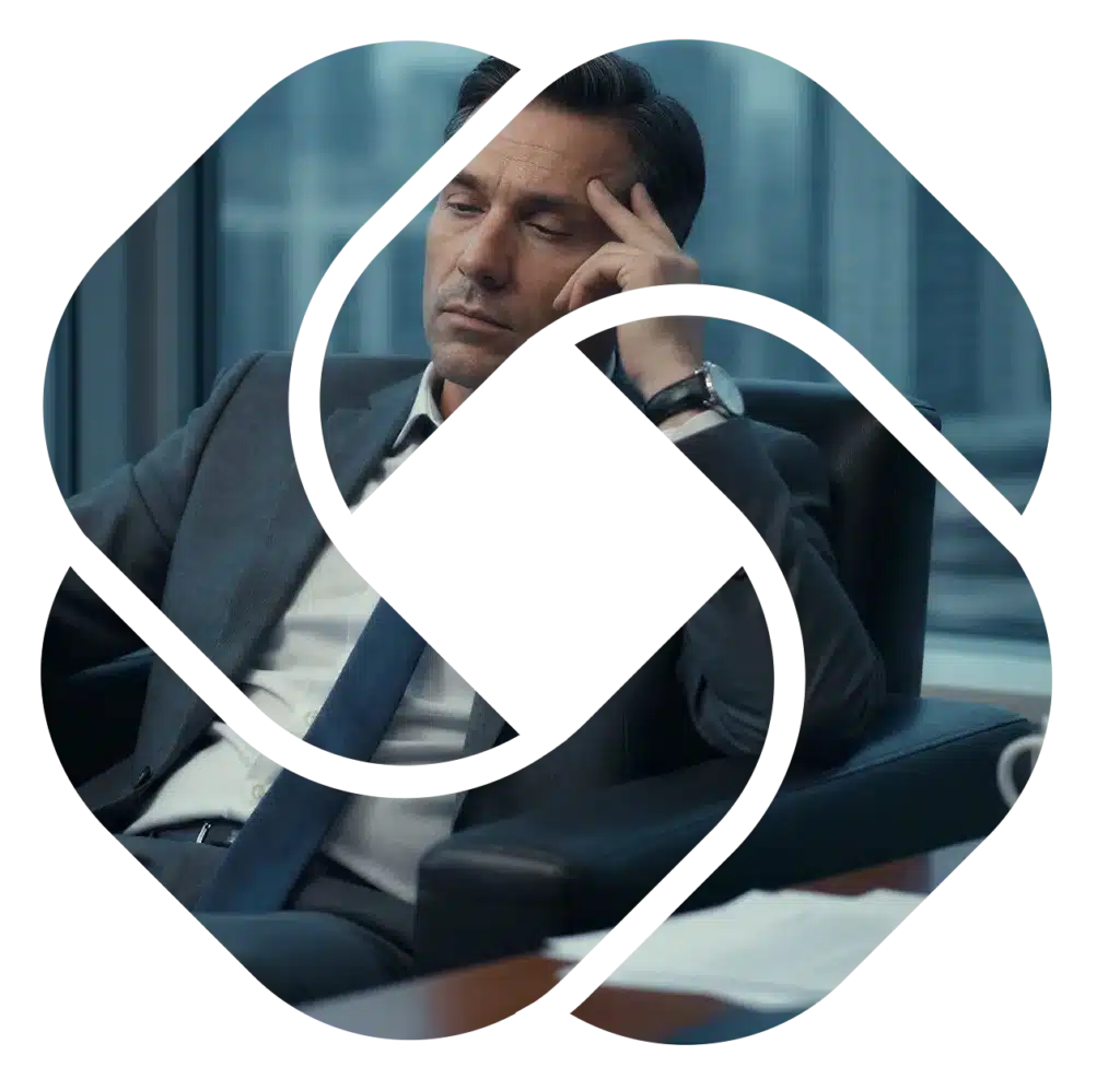 Fatigued male executive in a suit at his office desk, showing signs of low energy and mental fog common in high performers