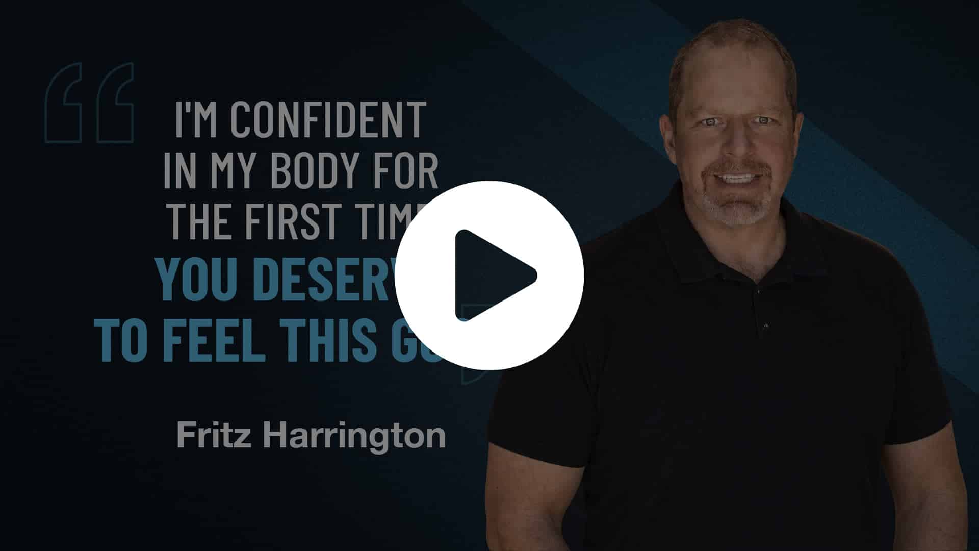 Video thumbnail featuring a man in a black shirt on the right, a large white play button overlay, and motivational text about body confidence on a dark blue background (Fritz Harrington).