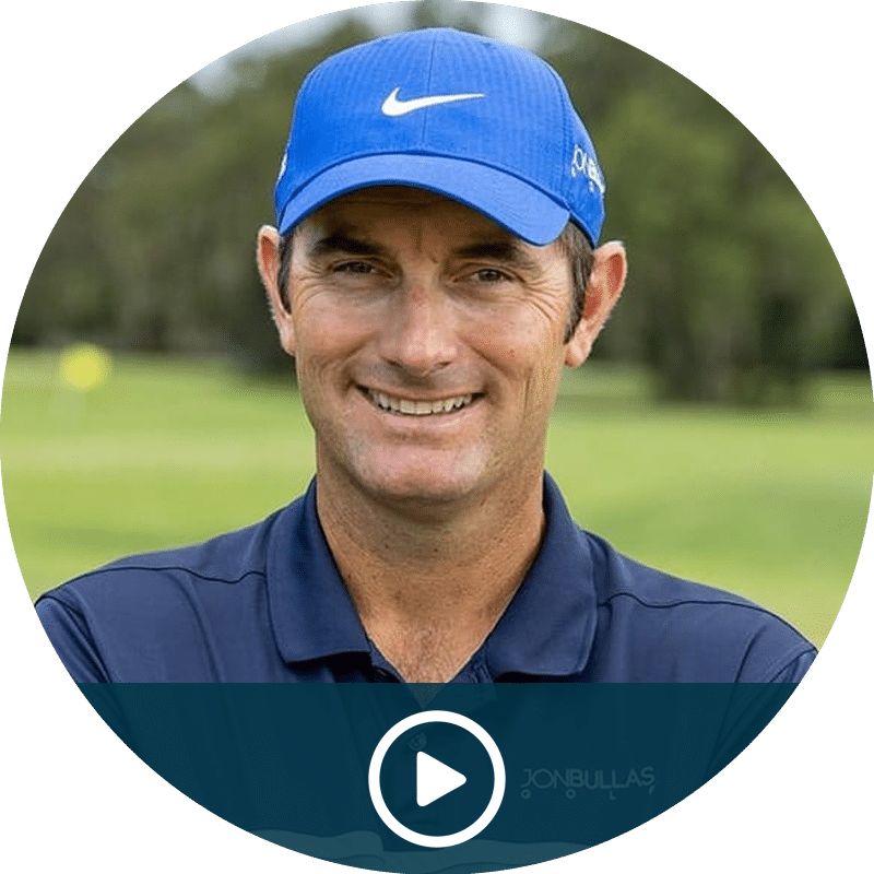 Smiling man in a blue polo and Nike cap on a golf course, video thumbnail with a play button overlay.