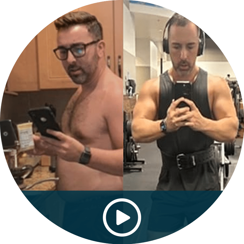 Split image showing a fitness transformation: left side a shirtless man in a kitchen taking a selfie, right side a muscular man in the gym wearing a weight belt and headphones; play button overlay suggests a video.