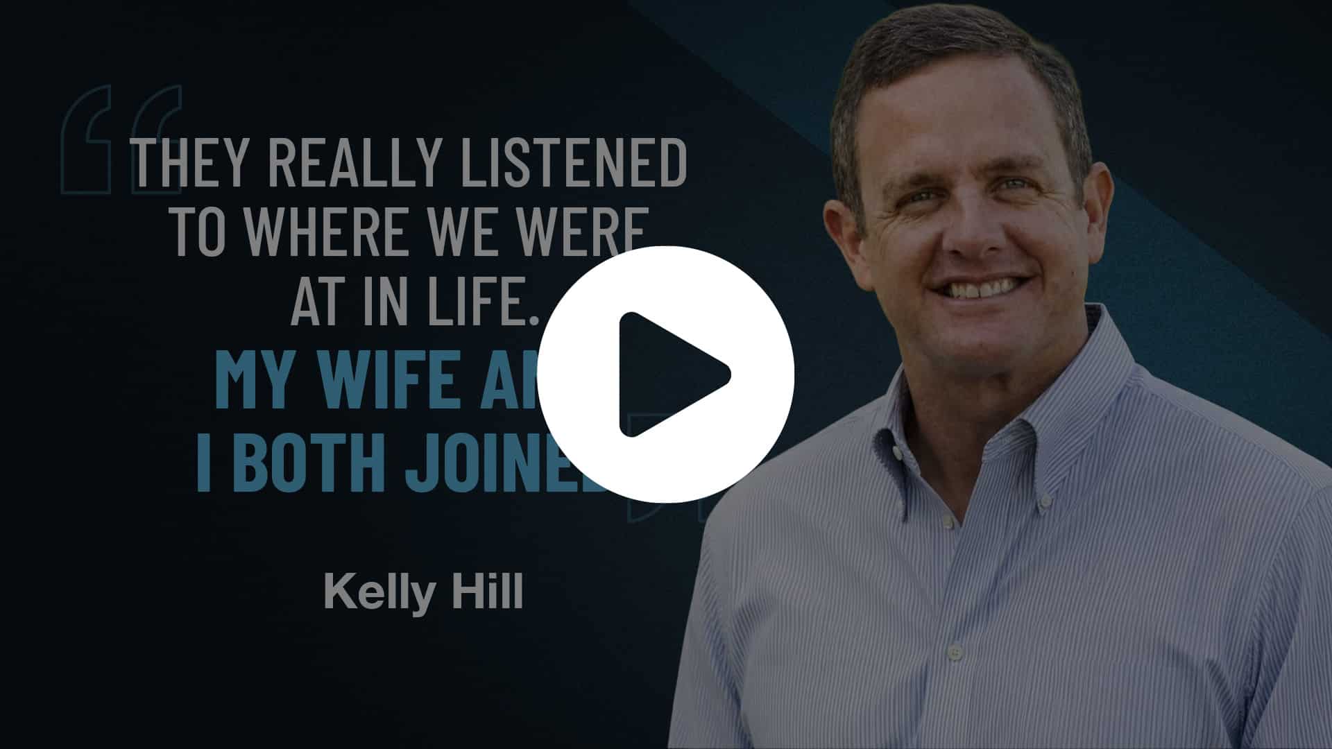 Video thumbnail: smiling man in a light shirt on the right, testimonial quote on left, dark background, play button in center.