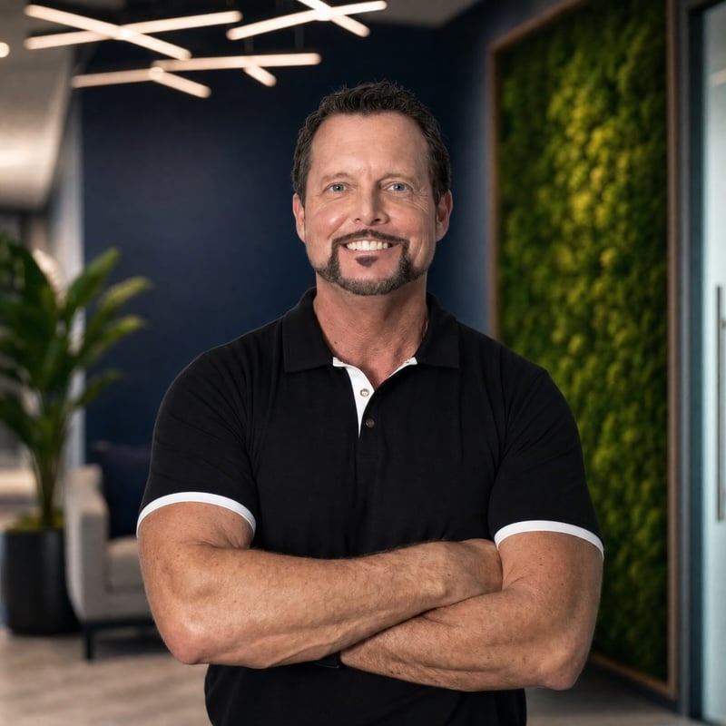 Man with arms crossed, smiling confidently in a modern office lobby with a blue wall and green living wall.